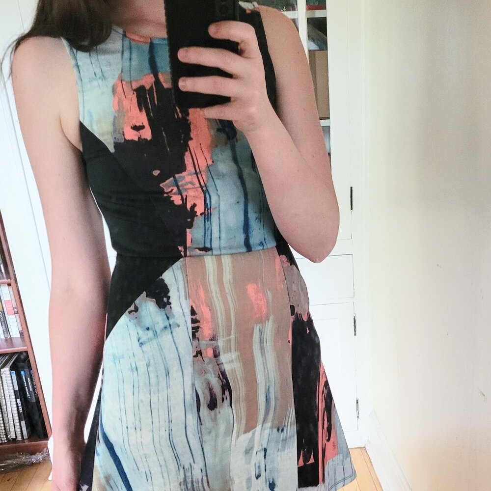 Abstract Print Fit and Flare Scuba Dress with Pockets Size M